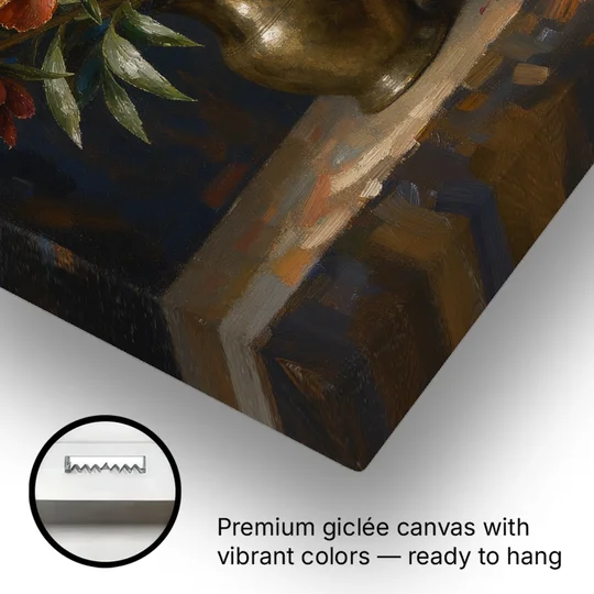 Dark Floral Rust Peonies in a Bronze Vase - Canvas Wall Art - Gallery Wrap Corner