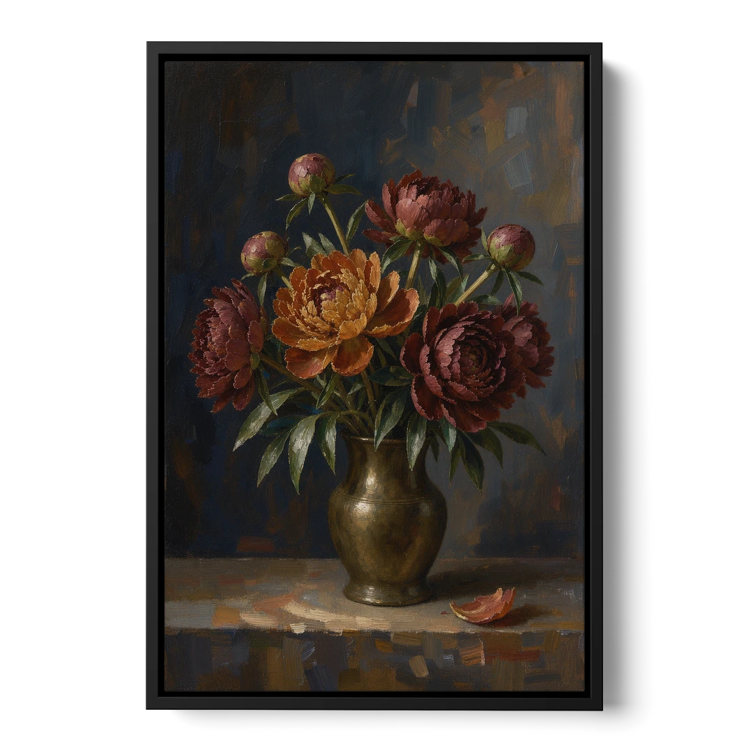 Dark Floral Rust Peonies in a Bronze Vase - Black Framed Canvas Wall Art - Front