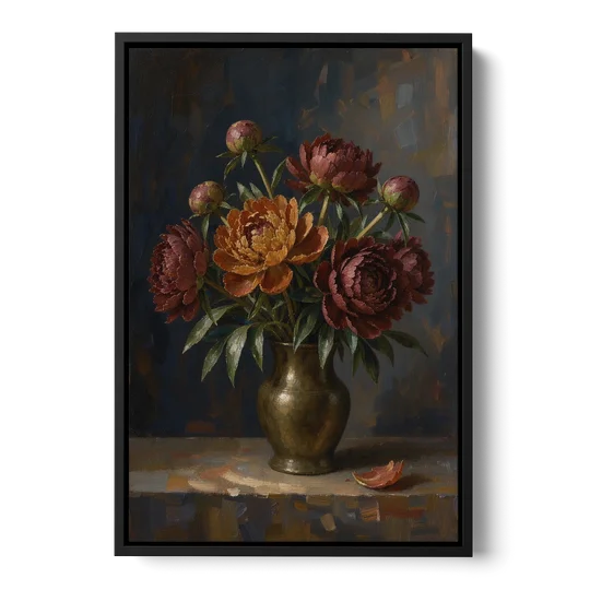 Dark Floral Rust Peonies in a Bronze Vase - Black Framed Canvas Wall Art - Front