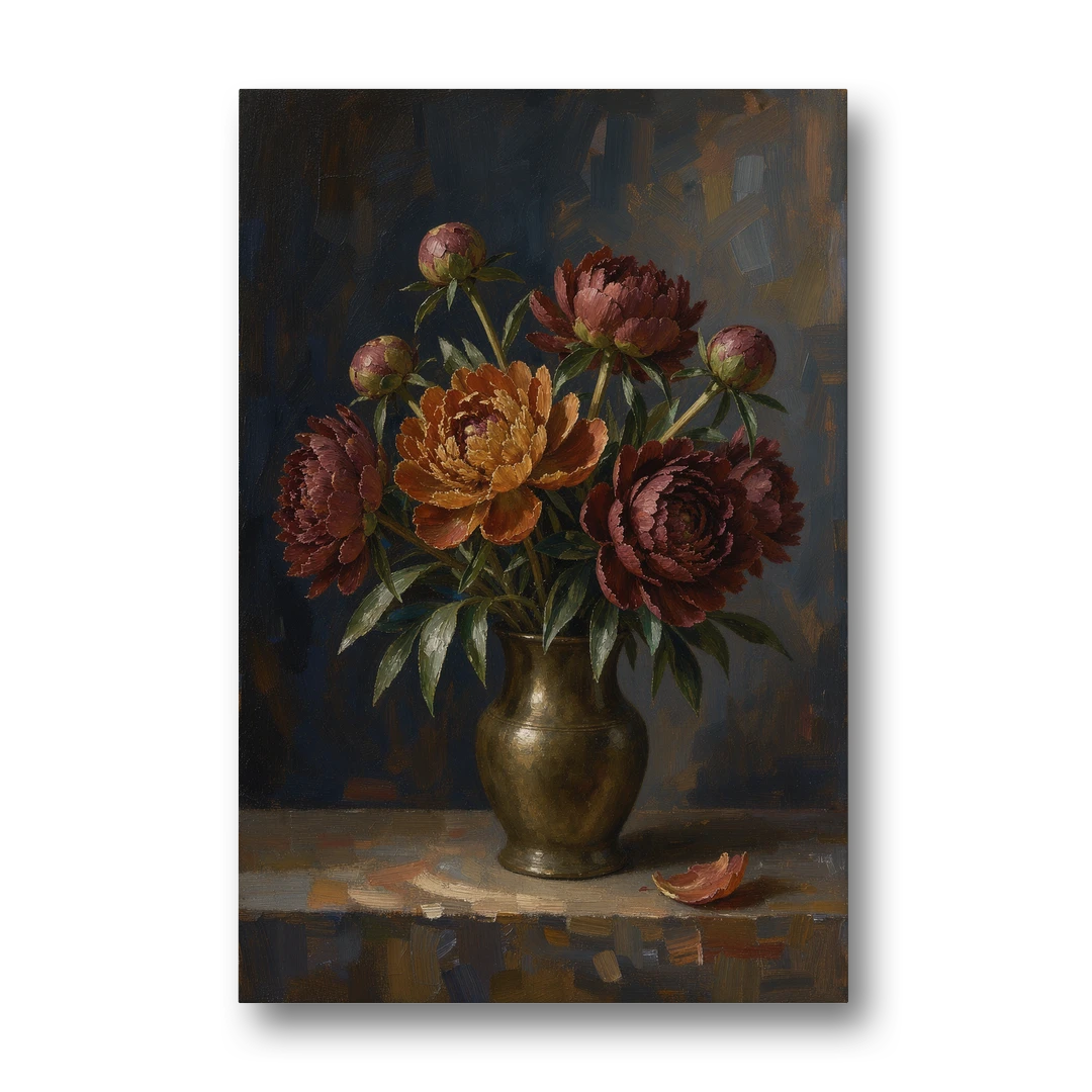 Dark Floral Rust Peonies in a Bronze Vase - Canvas Wall Art - Front