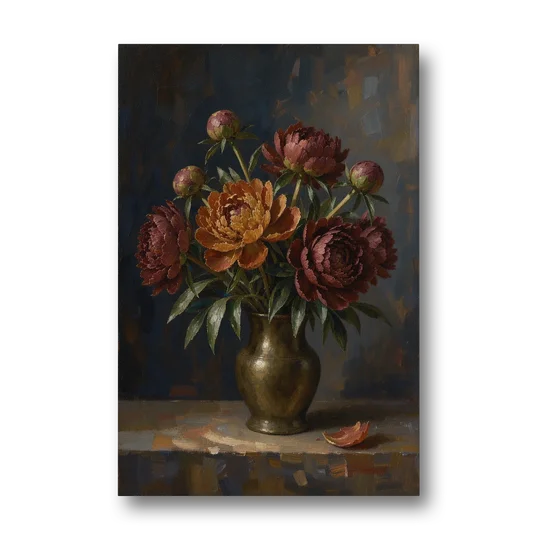Dark Floral Rust Peonies in a Bronze Vase - Canvas Wall Art - Front