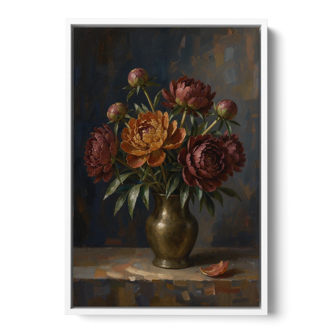 Dark Floral Rust Peonies in a Bronze Vase - White Framed Canvas Wall Art - Front