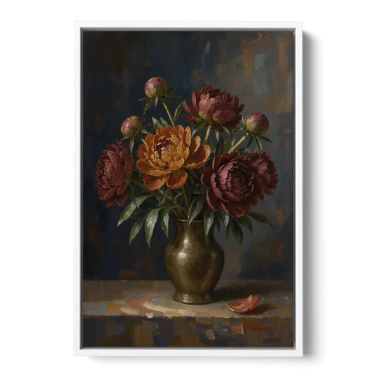 Dark Floral Rust Peonies in a Bronze Vase - White Framed Canvas Wall Art - Front