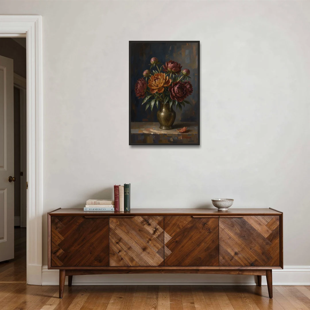 Dark Floral Rust Peonies in a Bronze Vase - Black Framed Canvas Wall Art - Coffee Table - 24x36