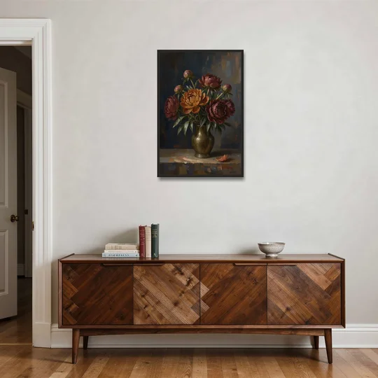Dark Floral Rust Peonies in a Bronze Vase - Black Framed Canvas Wall Art - Coffee Table - 24x36