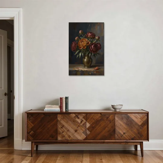 Dark Floral Rust Peonies in a Bronze Vase - Canvas Wall Art - Coffee Table - 24x36