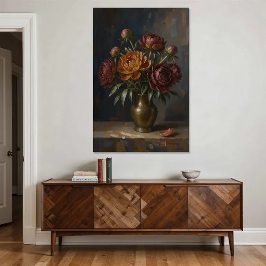 Dark Floral Rust Peonies in a Bronze Vase - Canvas Wall Art - Coffee Table - 40x60