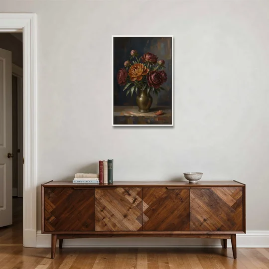 Dark Floral Rust Peonies in a Bronze Vase - White Framed Canvas Wall Art - Coffee Table - 24x36
