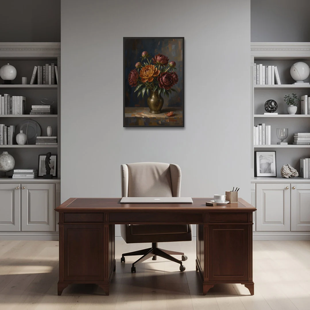 Dark Floral Rust Peonies in a Bronze Vase - Black Framed Canvas Wall Art - Office - 24x36