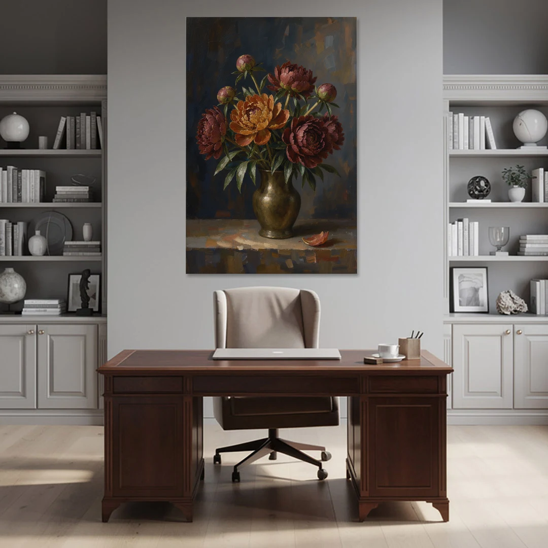 Dark Floral Rust Peonies in a Bronze Vase - Canvas Wall Art - Office - 40x60