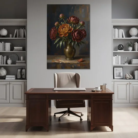 Dark Floral Rust Peonies in a Bronze Vase - Canvas Wall Art - Office - 40x60