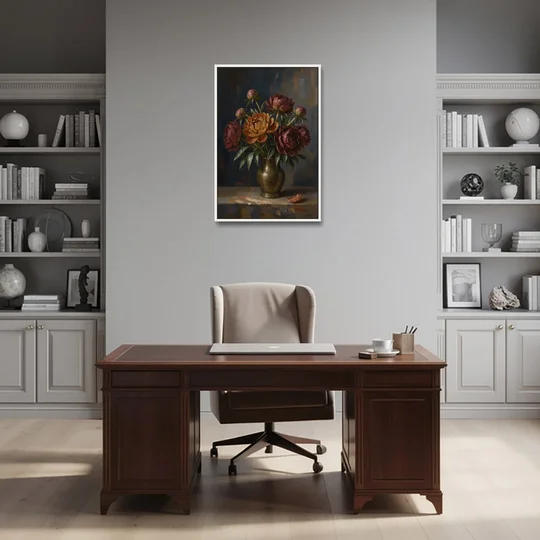 Dark Floral Rust Peonies in a Bronze Vase - White Framed Canvas Wall Art - Office - 24x36