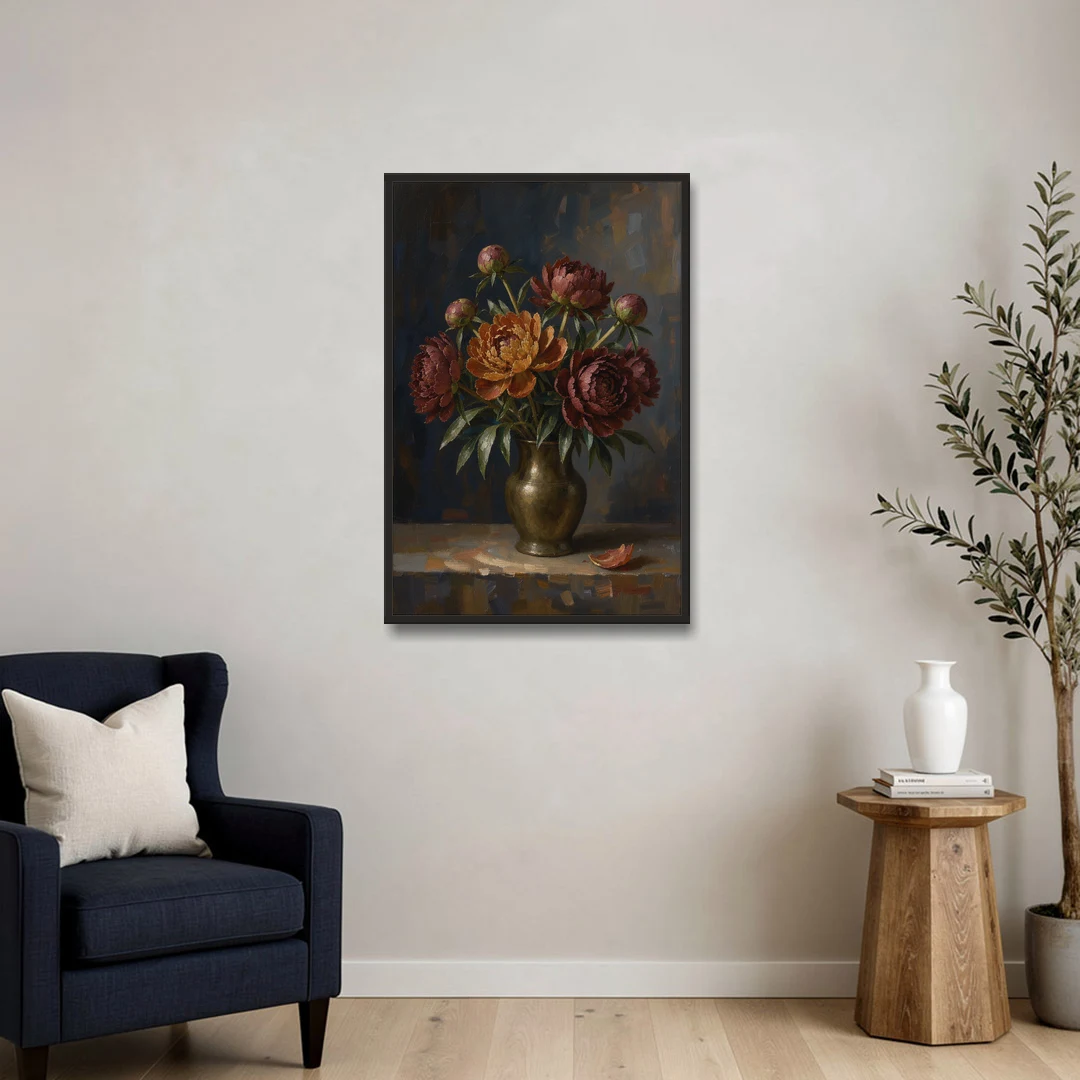 Dark Floral Rust Peonies in a Bronze Vase - Black Framed Canvas Wall Art - Sofa - 24x36