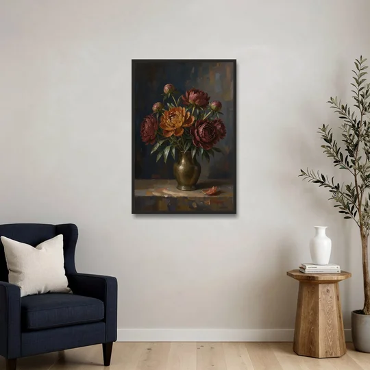 Dark Floral Rust Peonies in a Bronze Vase - Black Framed Canvas Wall Art - Sofa - 24x36