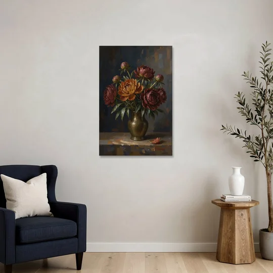 Dark Floral Rust Peonies in a Bronze Vase - Canvas Wall Art - Sofa - 24x36