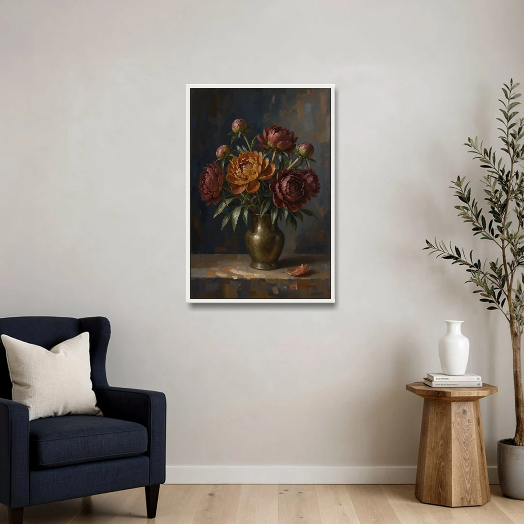 Dark Floral Rust Peonies in a Bronze Vase - White Framed Canvas Wall Art - Sofa - 24x36