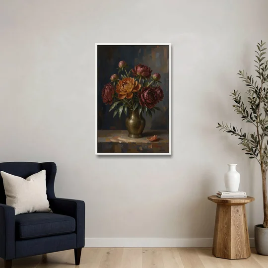 Dark Floral Rust Peonies in a Bronze Vase - White Framed Canvas Wall Art - Sofa - 24x36