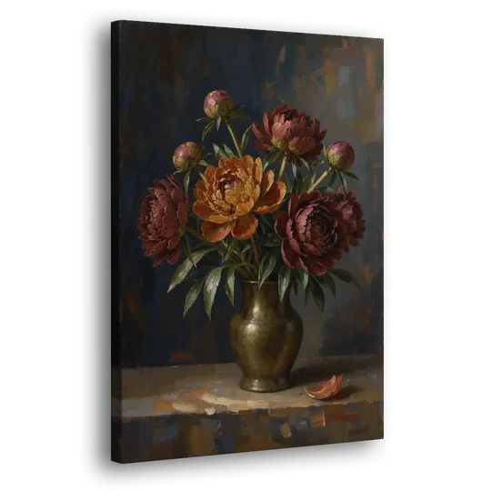 Dark Floral Rust Peonies in a Bronze Vase - Canvas Wall Art - Side