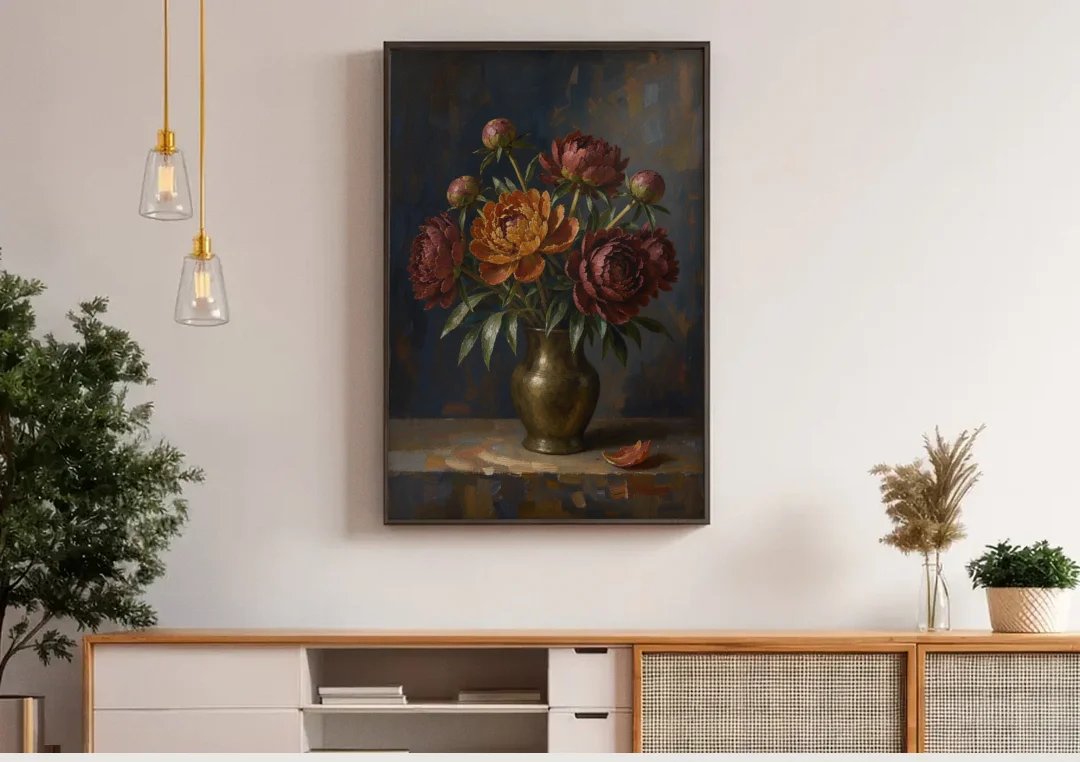 Dark Floral Rust Peonies in a Bronze Vase canvas wall art above a wooden sideboard under pendant lights