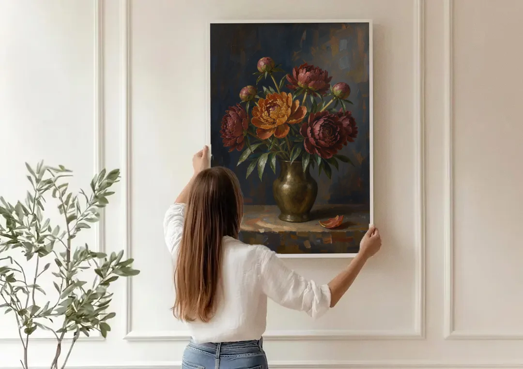 Dark Floral Rust Peonies in a Bronze Vase canvas wall art being hung on a paneled wall