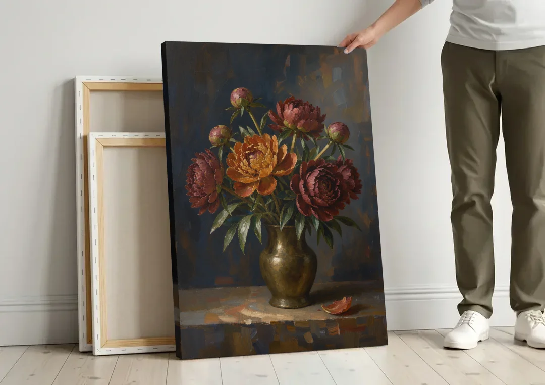 Dark Floral Rust Peonies in a Bronze Vase canvas wall art leaning against a wall next to blank canvases
