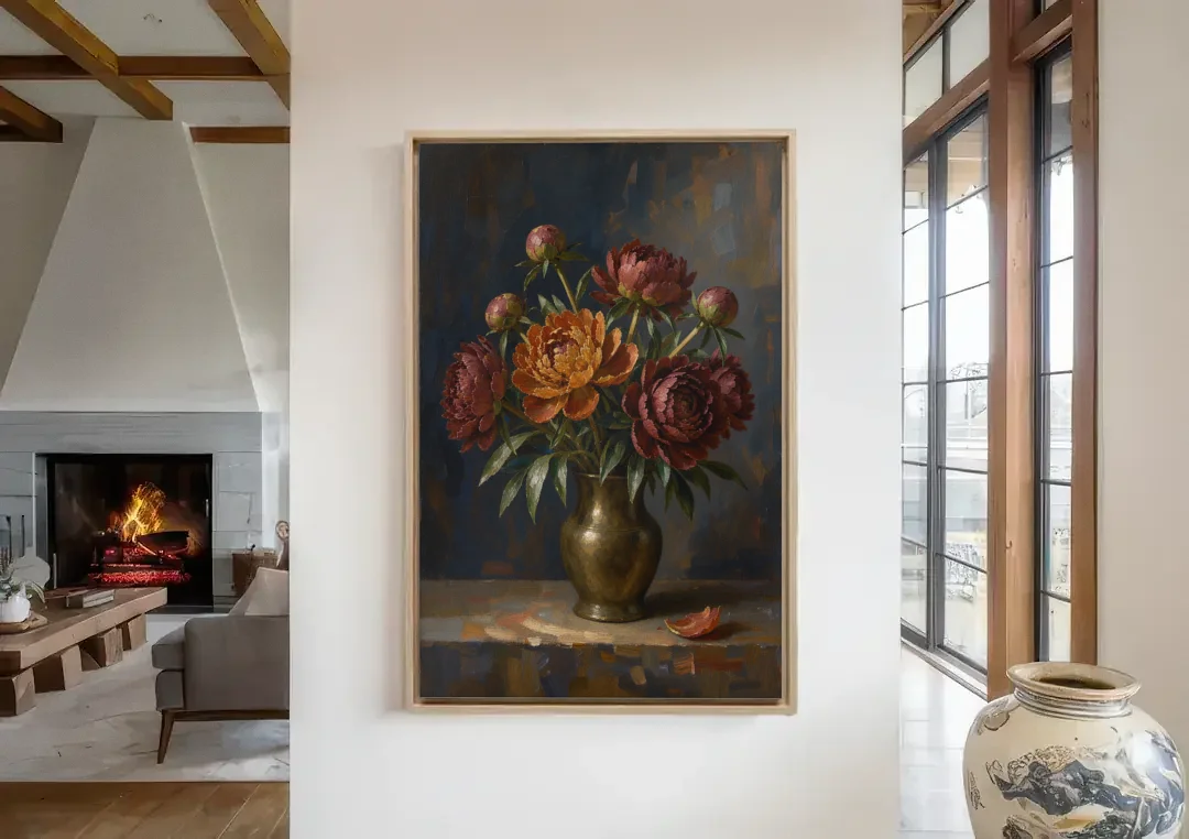 Dark Floral Rust Peonies in a Bronze Vase canvas wall art in a living room with a fireplace