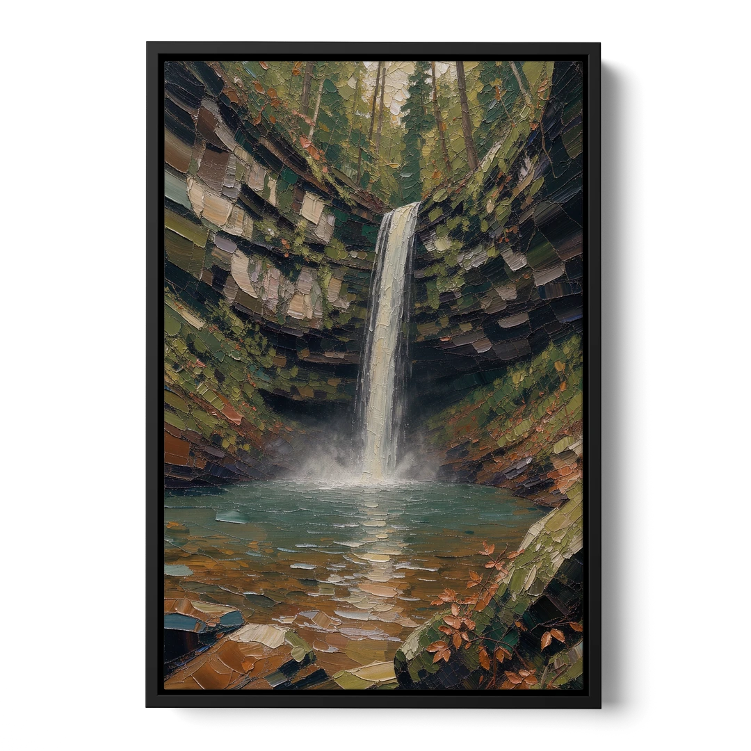 Dark Green Mossy Gorge Waterfall - Black Framed Canvas Wall Art - Front