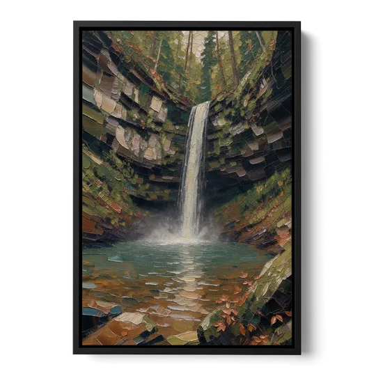 Dark Green Mossy Gorge Waterfall - Black Framed Canvas Wall Art - Front