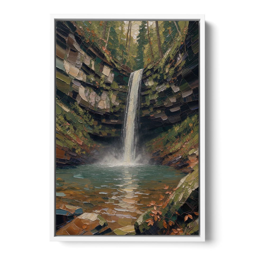Dark Green Mossy Gorge Waterfall - White Framed Canvas Wall Art - Front