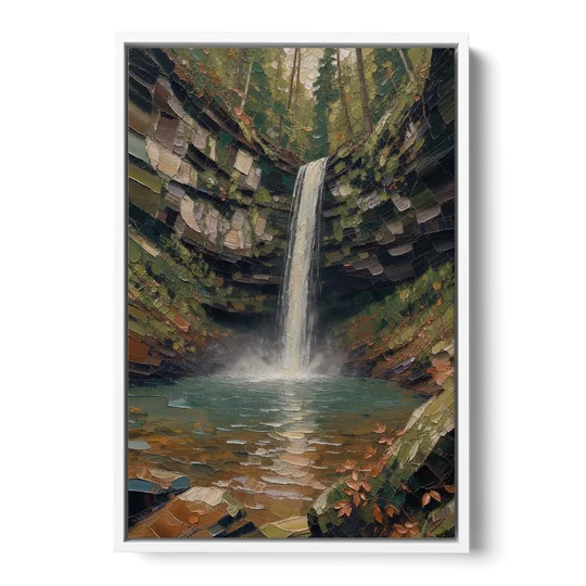 Dark Green Mossy Gorge Waterfall - White Framed Canvas Wall Art - Front
