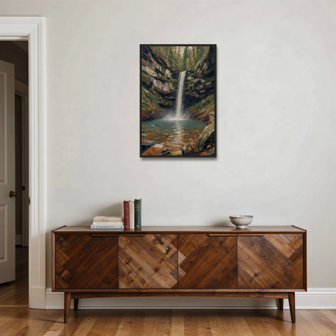 Dark Green Mossy Gorge Waterfall - Black Framed Canvas Wall Art - Coffee Table - 24x36