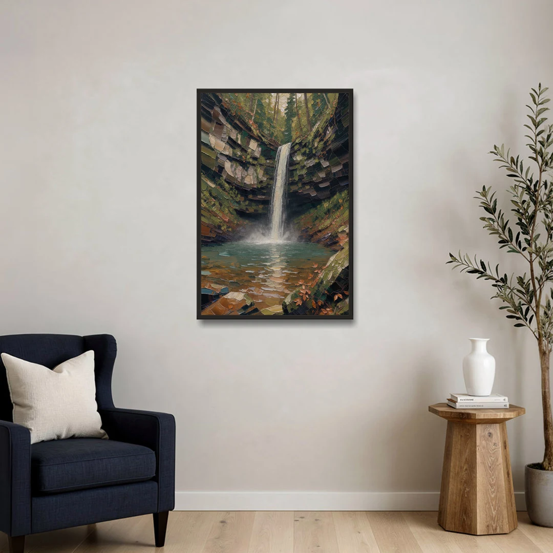 Dark Green Mossy Gorge Waterfall - Black Framed Canvas Wall Art - Sofa - 24x36