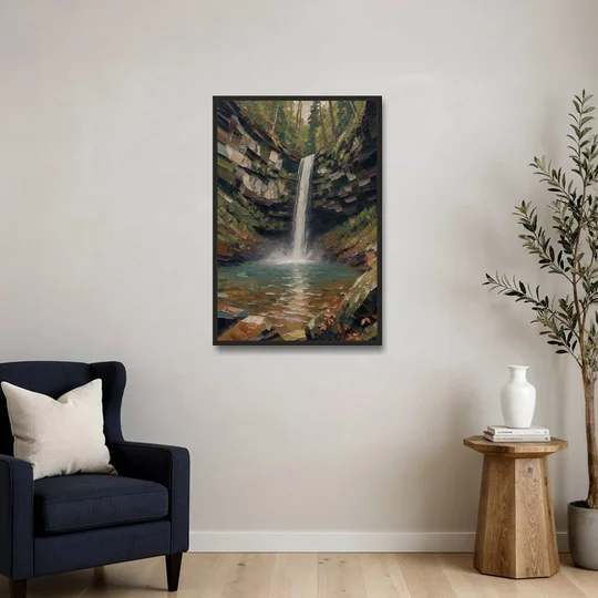 Dark Green Mossy Gorge Waterfall - Black Framed Canvas Wall Art - Sofa - 24x36