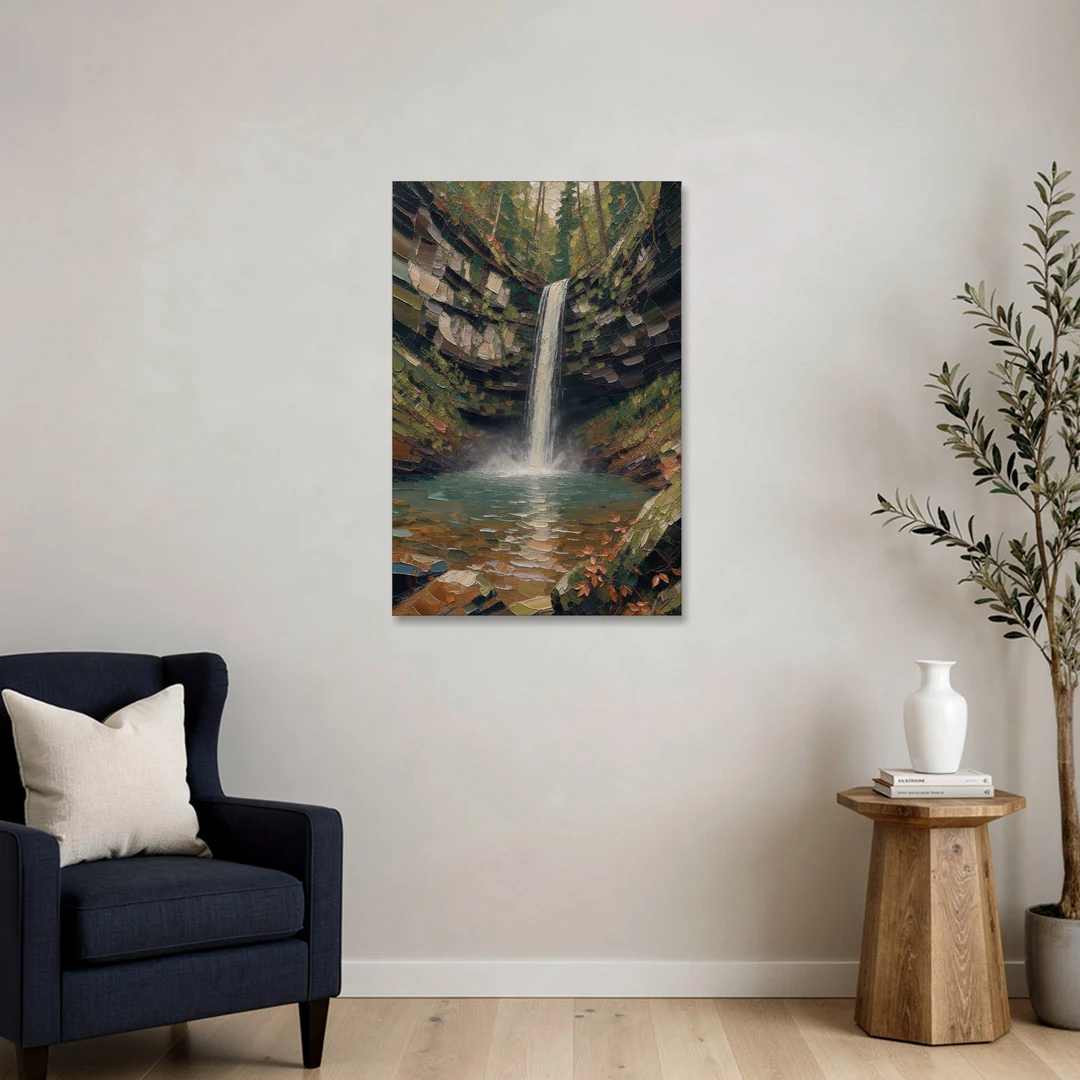 Dark Green Mossy Gorge Waterfall - Canvas Wall Art - Sofa - 24x36