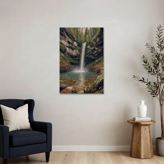 Dark Green Mossy Gorge Waterfall - Canvas Wall Art - Sofa - 24x36