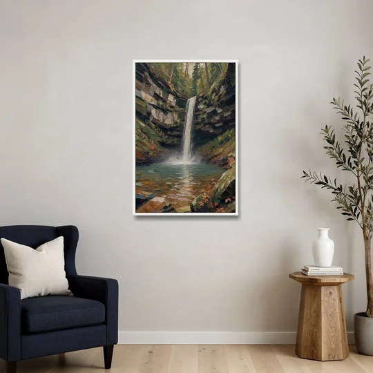 Dark Green Mossy Gorge Waterfall - White Framed Canvas Wall Art - Sofa - 24x36