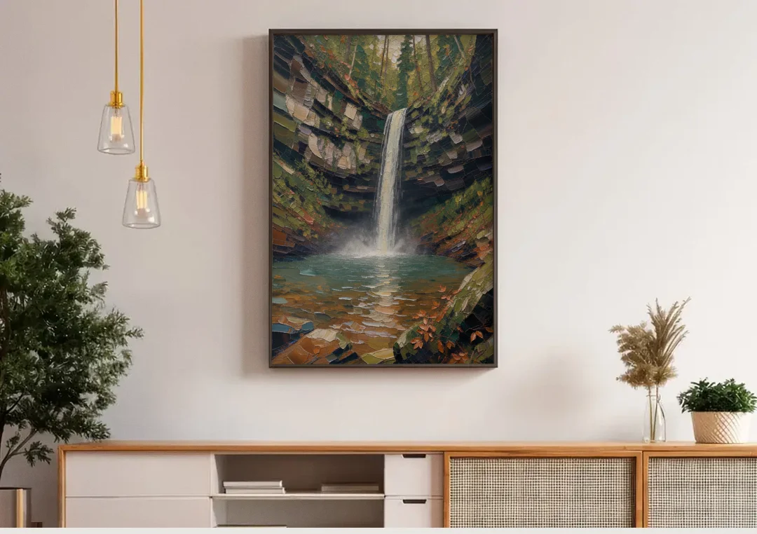 Dark Green Mossy Gorge Waterfall canvas wall art above a wooden sideboard under pendant lights