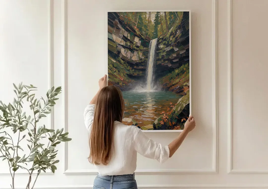 Dark Green Mossy Gorge Waterfall canvas wall art being hung on a paneled wall