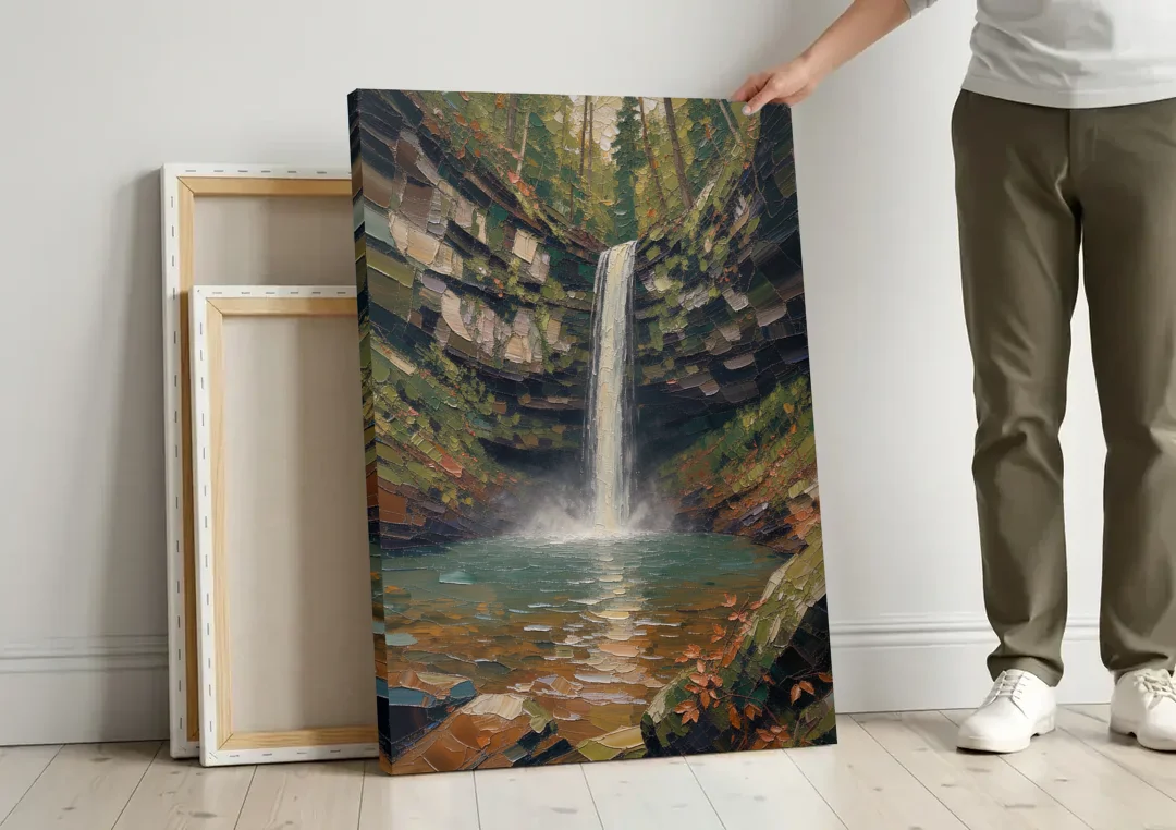 Dark Green Mossy Gorge Waterfall canvas wall art leaning against a wall next to blank canvases