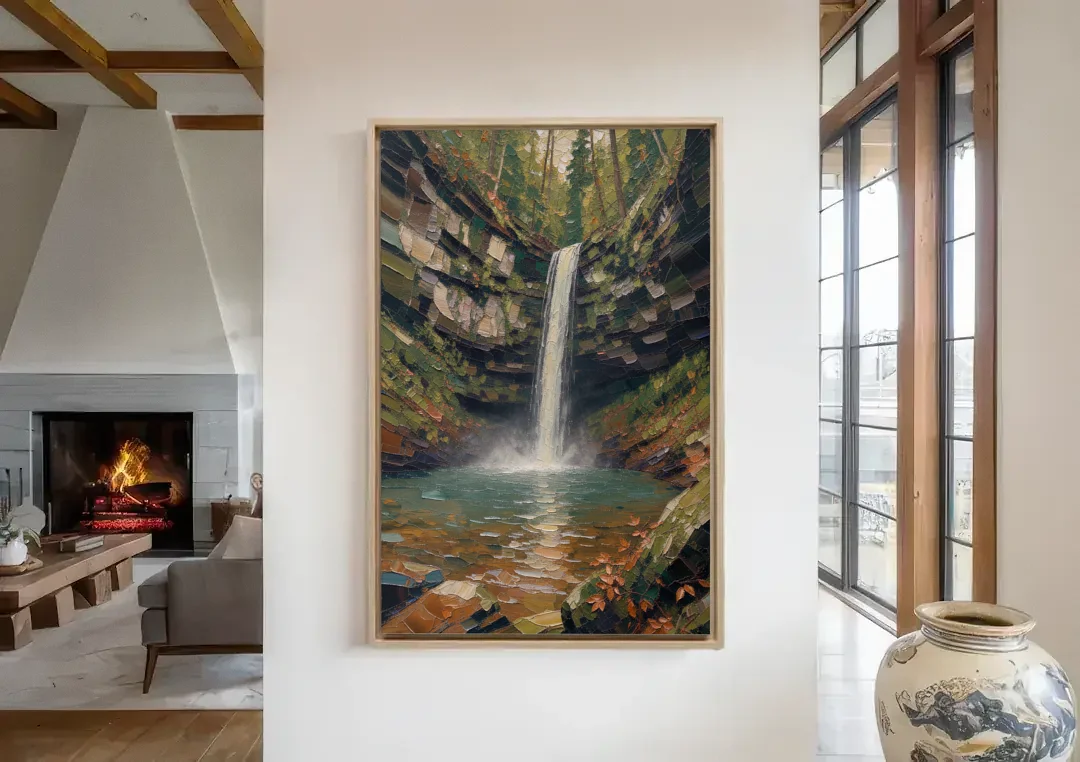 Dark Green Mossy Gorge Waterfall canvas wall art in a living room with a fireplace