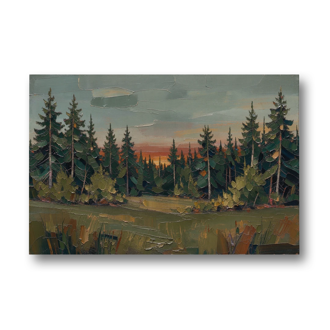 Dark Green Painting of Pines at Dusk - Canvas Wall Art - Front