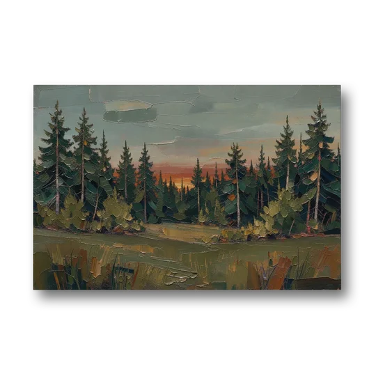 Dark Green Painting of Pines at Dusk - Canvas Wall Art - Front