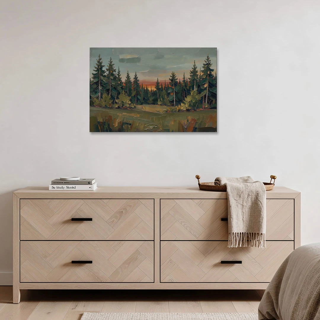Dark Green Painting of Pines at Dusk - Canvas Wall Art - Coffee Table - 36x24
