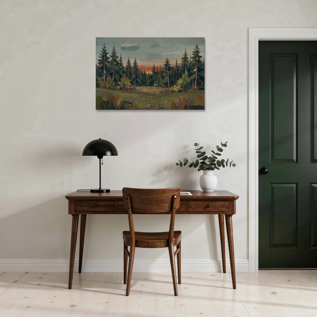 Dark Green Painting of Pines at Dusk - Canvas Wall Art - Office - 36x24