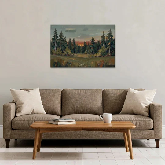 Dark Green Painting of Pines at Dusk - Canvas Wall Art - Sofa - 36x24