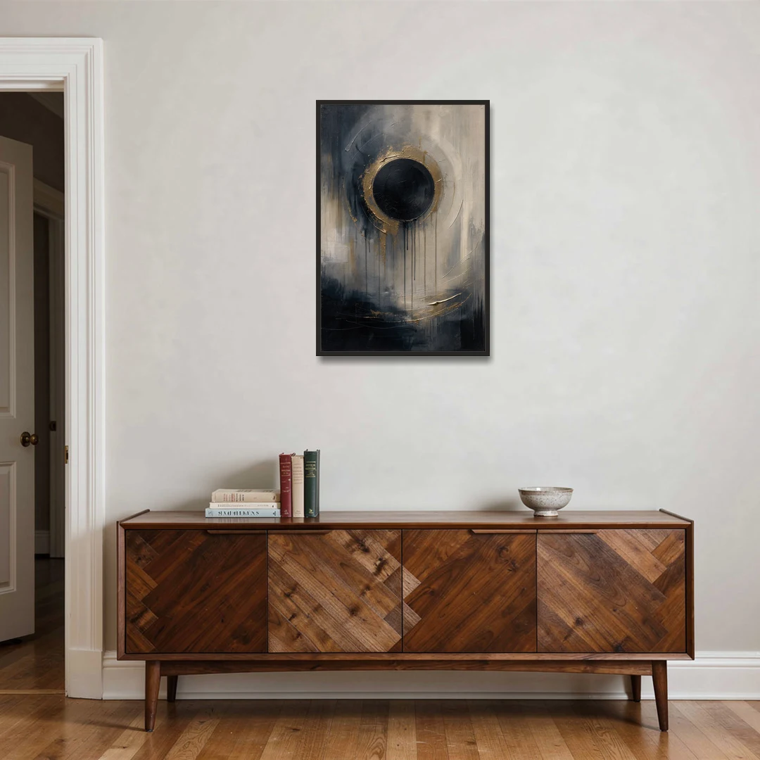Dark Moody Abstract Bronze Eclipse - Black Framed Canvas Wall Art - Coffee Table - 24x36
