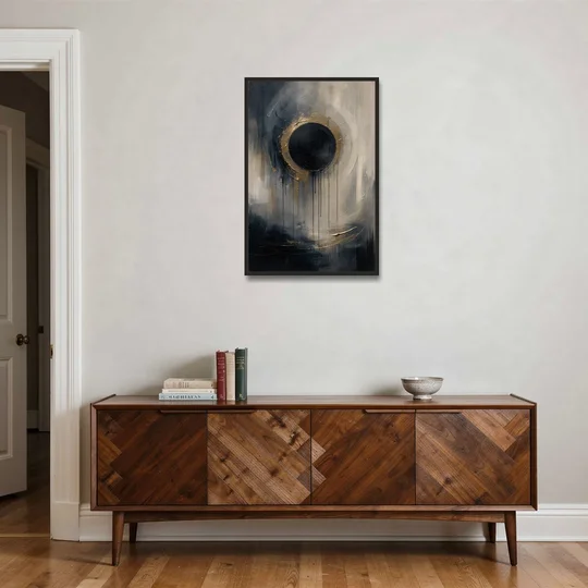 Dark Moody Abstract Bronze Eclipse - Black Framed Canvas Wall Art - Coffee Table - 24x36