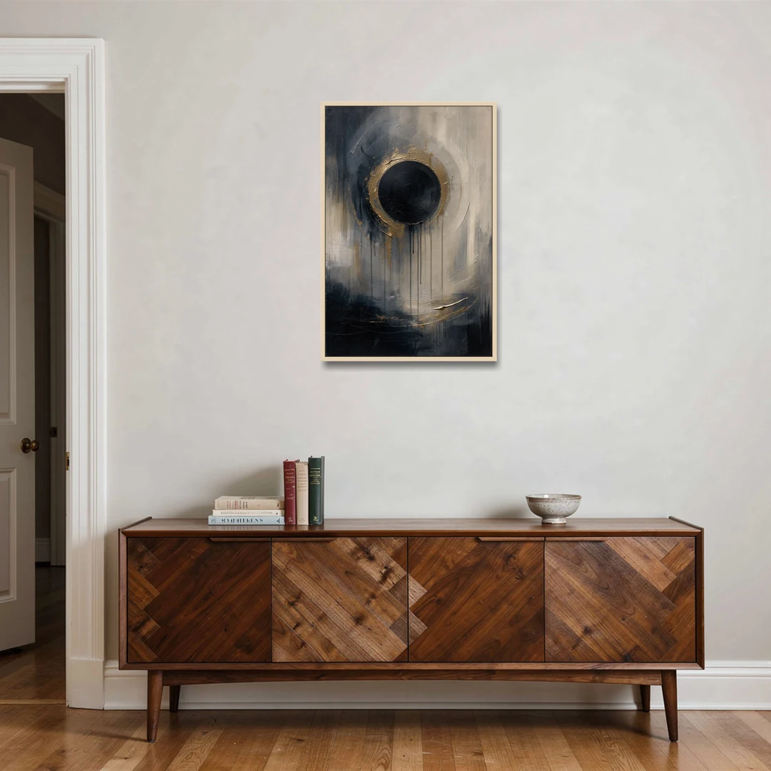 Dark Moody Abstract Bronze Eclipse - Oak Framed Canvas Wall Art - Coffee Table - 24x36