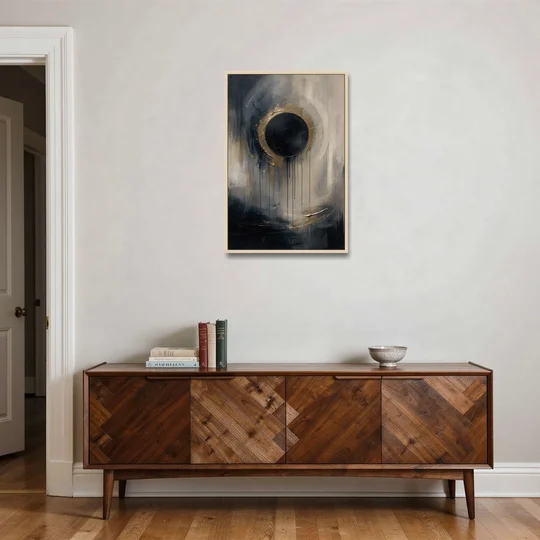 Dark Moody Abstract Bronze Eclipse - Oak Framed Canvas Wall Art - Coffee Table - 24x36