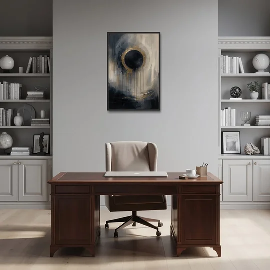 Dark Moody Abstract Bronze Eclipse - Black Framed Canvas Wall Art - Office - 24x36